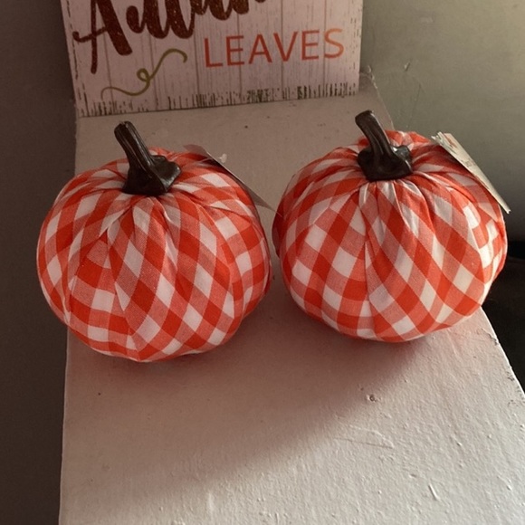 Brand NWT- 2 Orange & White Buffalo Check Fabric Wrapped Pumpkins Decorations - Picture 2 of 3